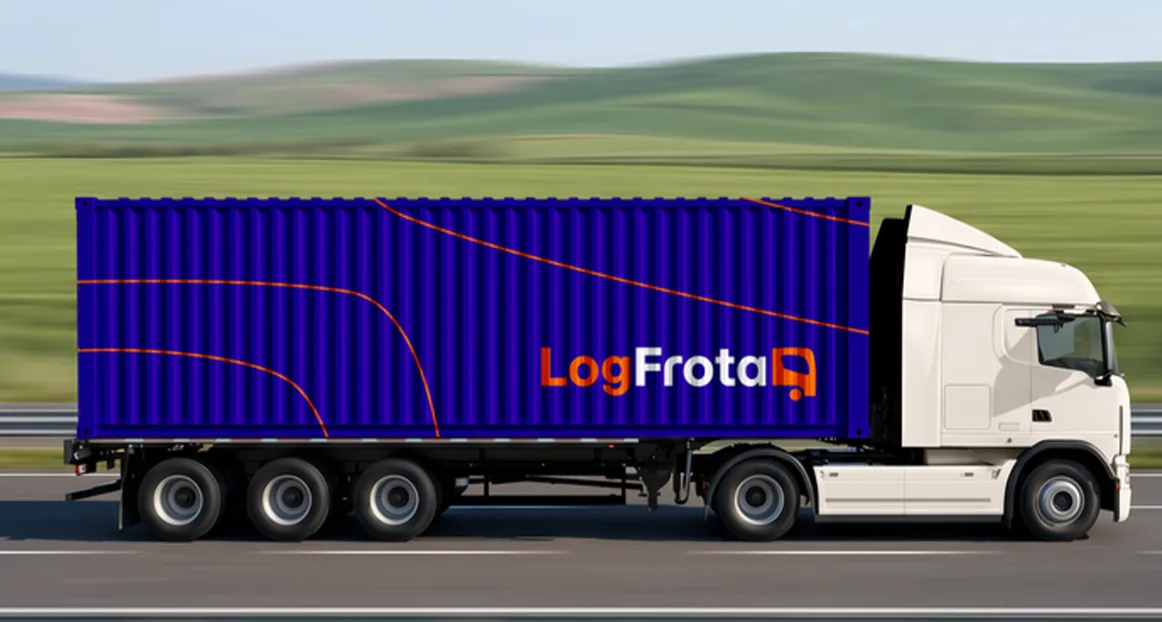 Caminhão da LogFrota com container azul na estrada